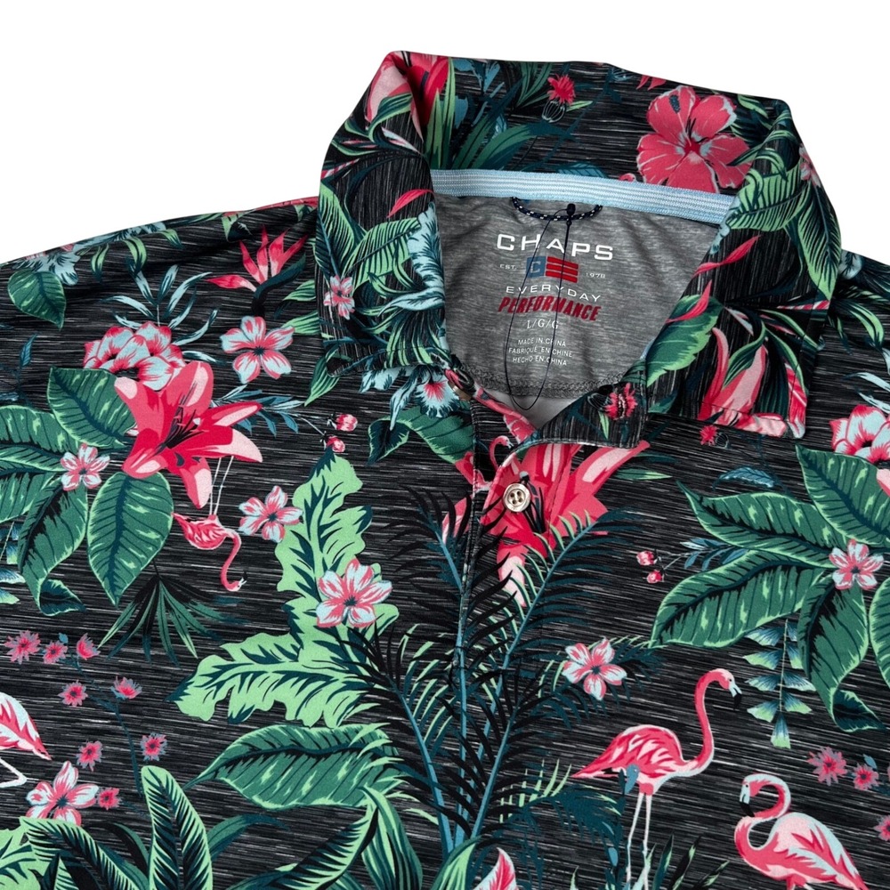 Chaps Everyday Performance Mens Large Tropical Flamingo Floral Polo Shirt Black